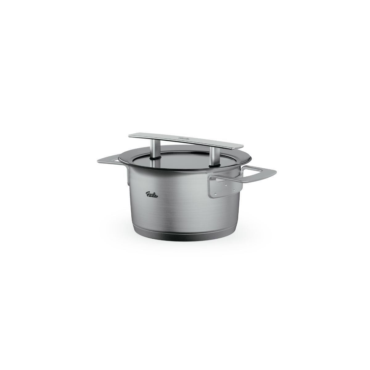 Fissler Phi Collection® Kochtopf mit Glasdeckel: Präzisionsgefertigter Edelstahltopf, zwei Griffe, ikonisches Design in Weiß.