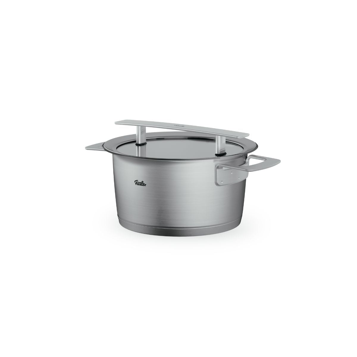 Der Kochtopf aus der Fissler Phi Collection® – ein hochwertiger Edelstahltopf mit Glasdeckel und breiten Griffen – steht für deutsche Präzision.