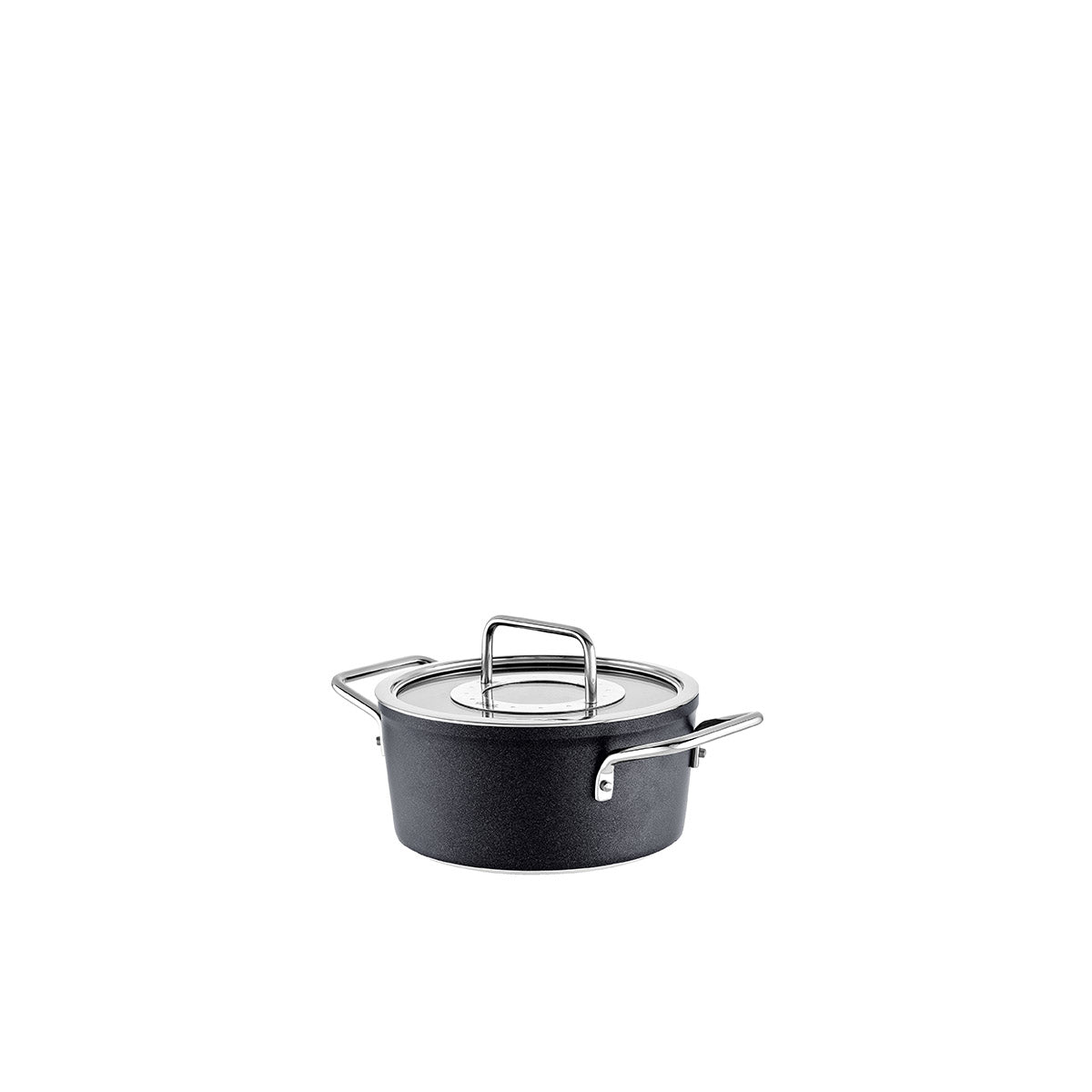 Fissler Adamant® Kochtopf, klein, schwarz, kratzfest beschichtet. Mit Glasdeckel & silbernen Griffen. Hergestellt in Deutschland.