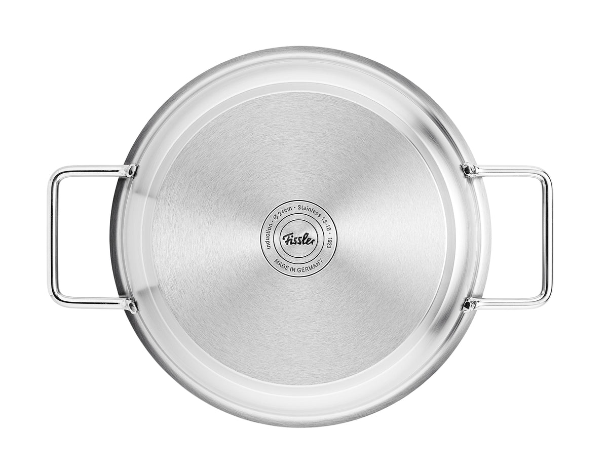 Top view of the Fissler Pure serving pan with two handles, base made of recycled stainless steel, Fissler logo - timeless German quality.