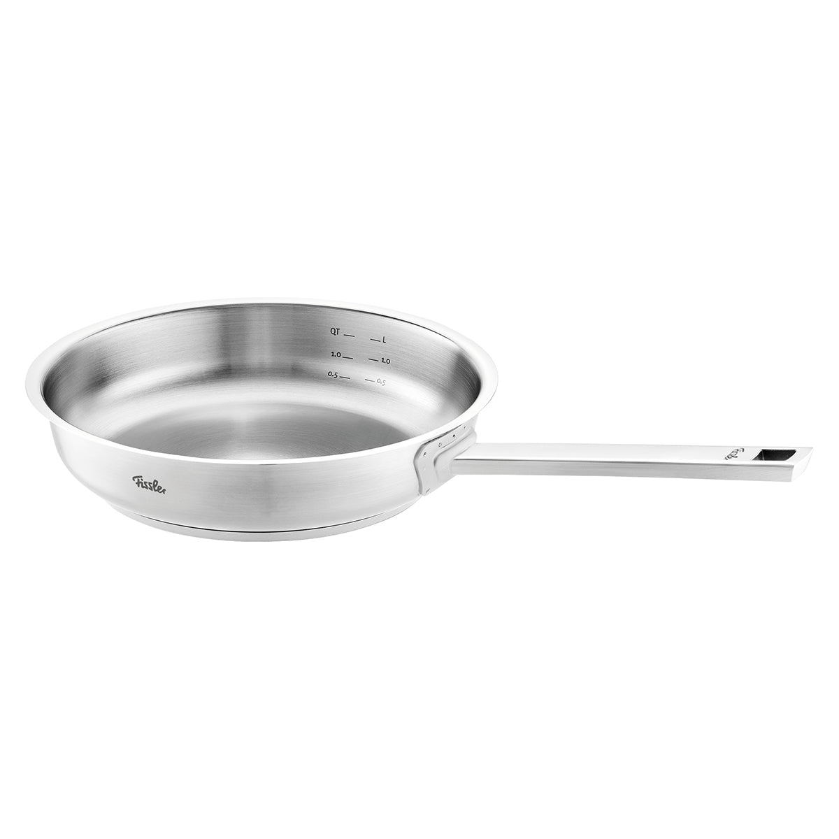 Experience German precision with the Fissler saucepan: sleek, polished stainless steel, long handle, and clear measurement markings.