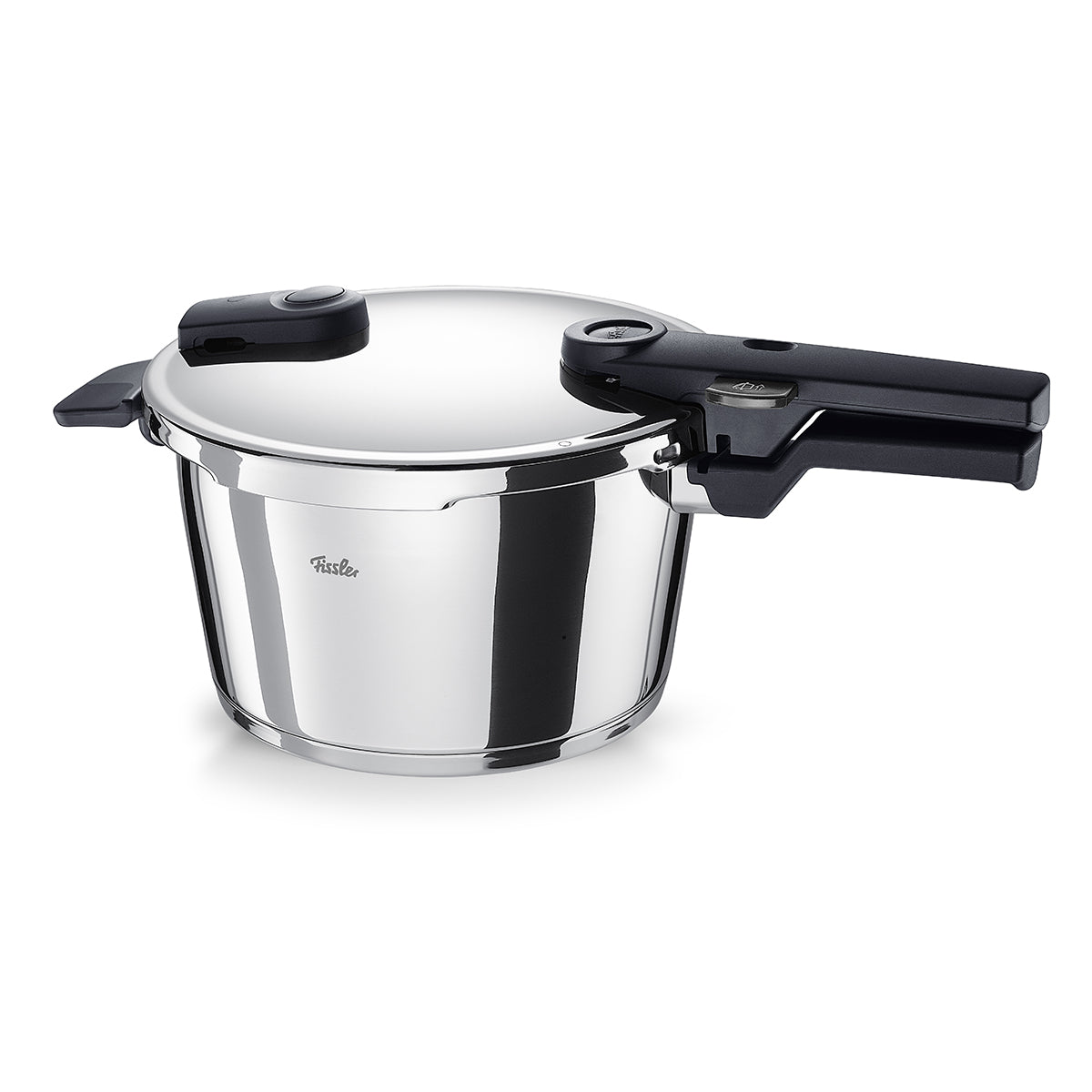 Fissler Vitaquick® Pressure Cooker: high-quality stainless steel pressure cooker with black handles, made in Germany, on a white background.