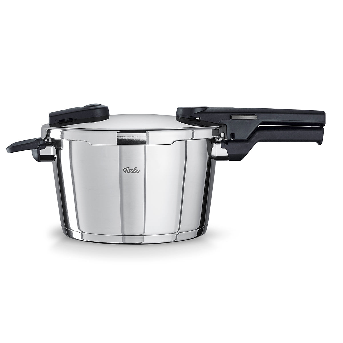 Fissler Vitaquick® pressure cooker made of high-quality 18/10 stainless steel with black handles, lid, and visible logo. Made in Germany.