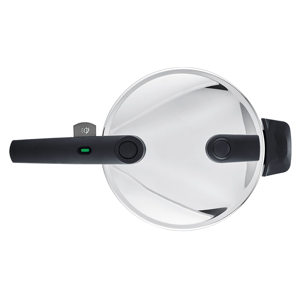 Top view of the Fissler Vitaquick® lid made of high-quality 18/10 stainless steel, with an ergonomic black handle, green indicator, and controls.