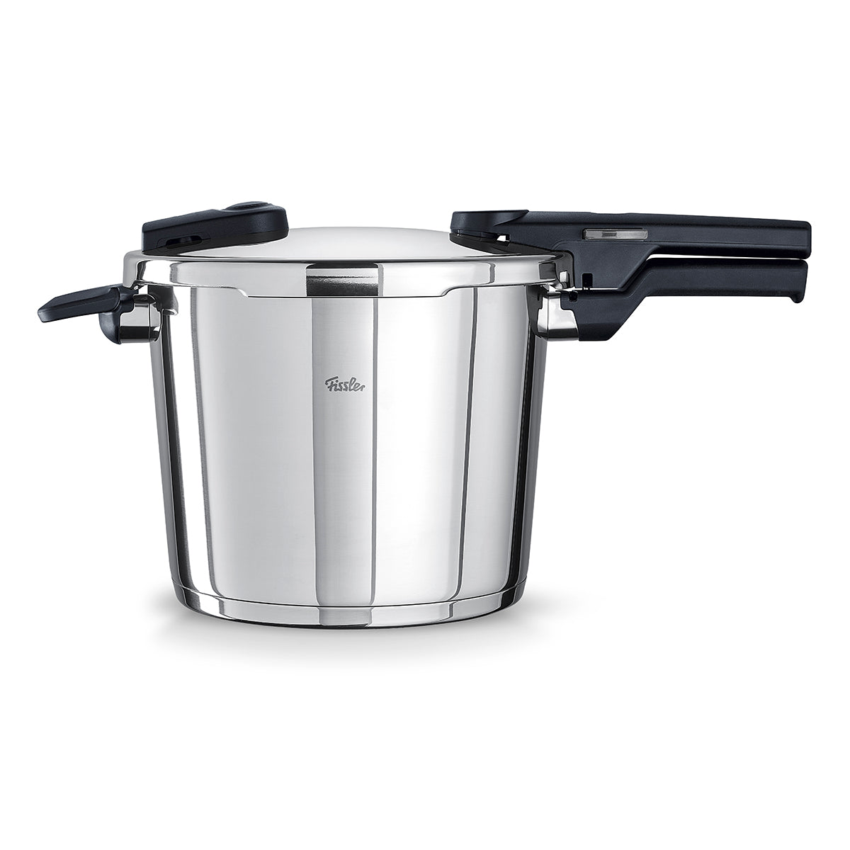 Fissler Vitaquick® Pressure Cooker made of 18/10 Stainless Steel with black handles and a secure Lid on a white background.