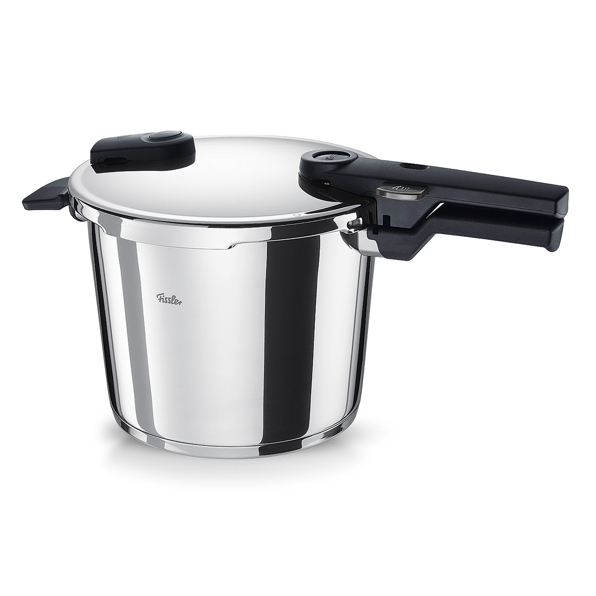 Fissler Vitaquick® Pressure Cooker: Precision-crafted 18/10 stainless steel pressure cooker with black handles, on a white background.