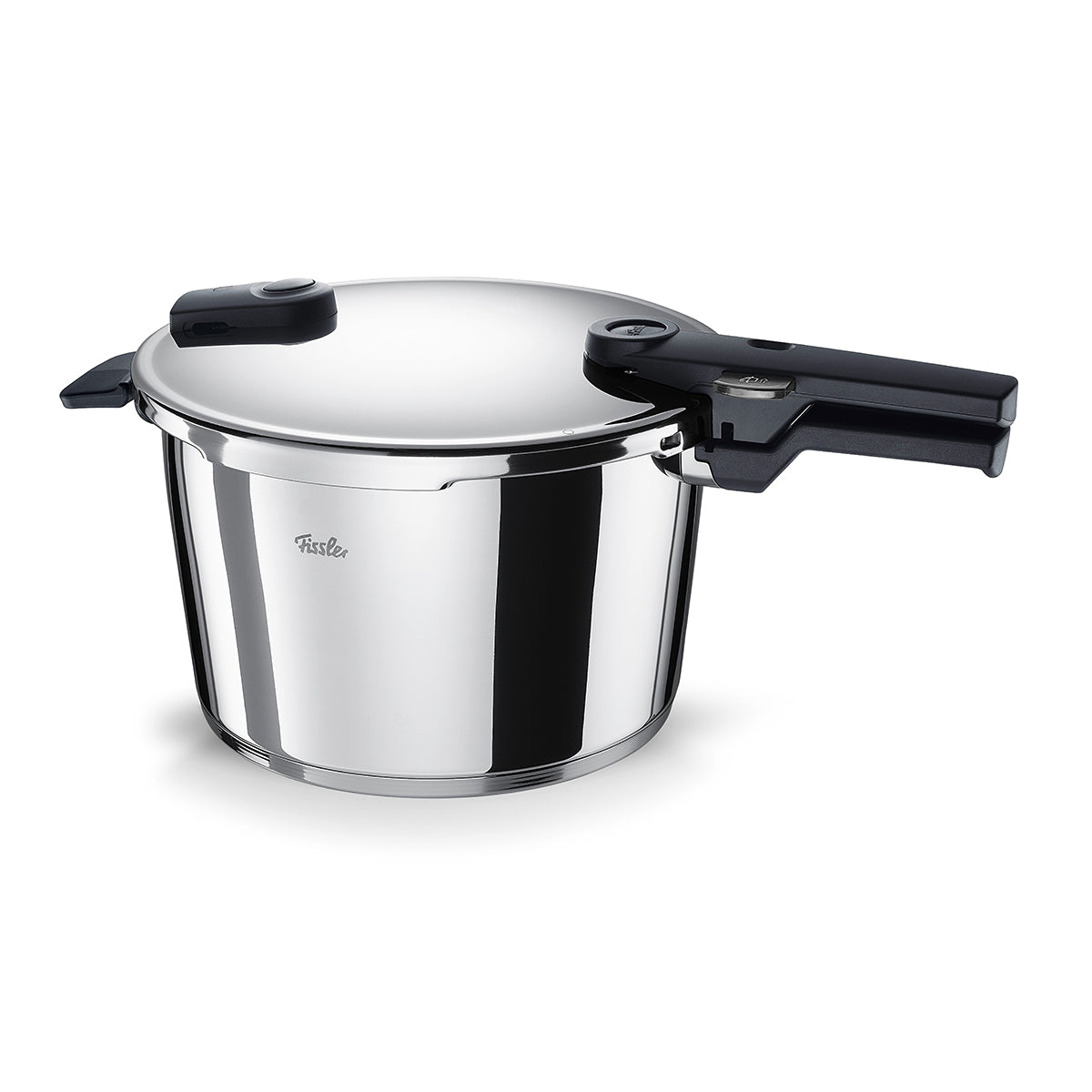 Fissler Vitaquick® pressure cooker in polished 18/10 stainless steel with black handles, shown on white. Precision-made in Germany.