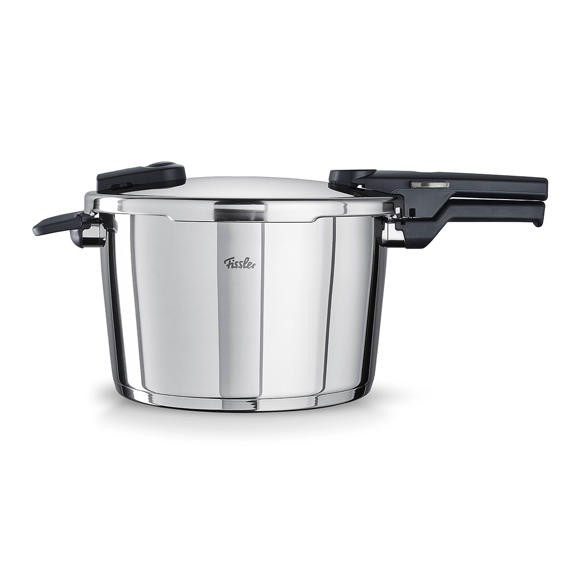 Fissler Vitaquick® pressure cooker made of polished 18/10 stainless steel, with black handle and logo. German precision, on a white background.