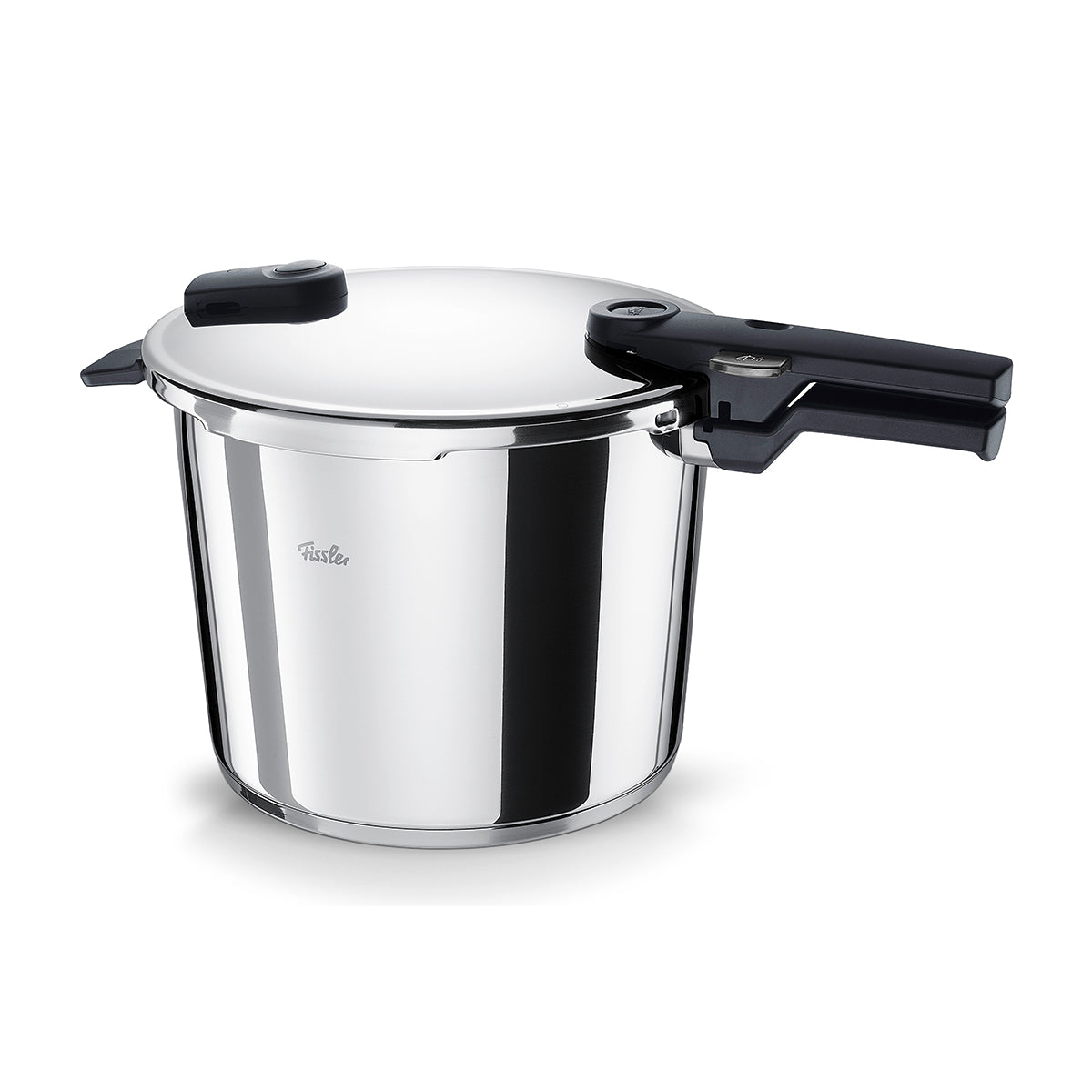 The Fissler Vitaquick® pressure cooker in polished 18/10 stainless steel, with black handles, embodies German precision and timeless design.