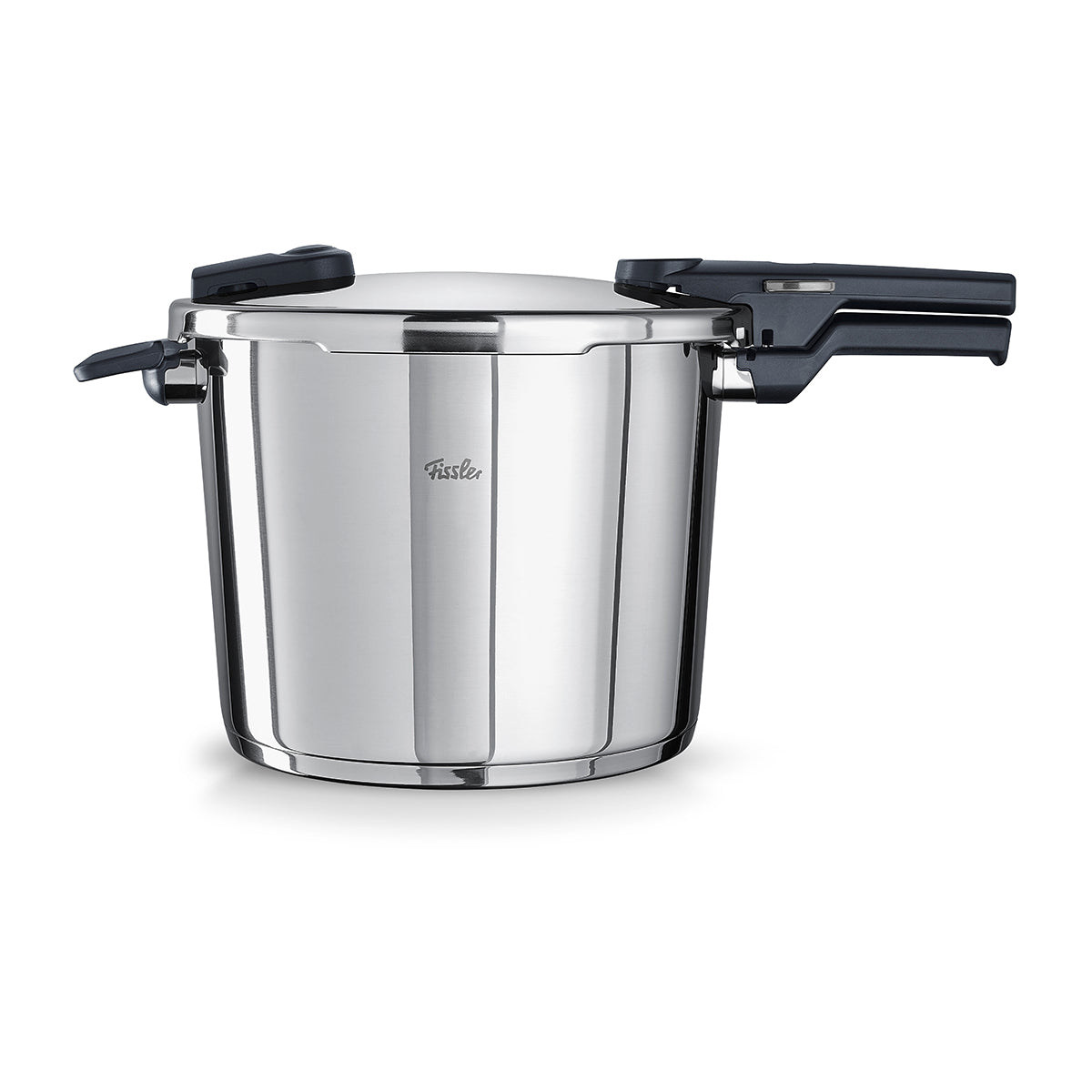 Fissler Vitaquick® Pressure Cooker made of 18/10 Stainless Steel, modern, clean design, with lockable handles. Precision. Made in Germany.