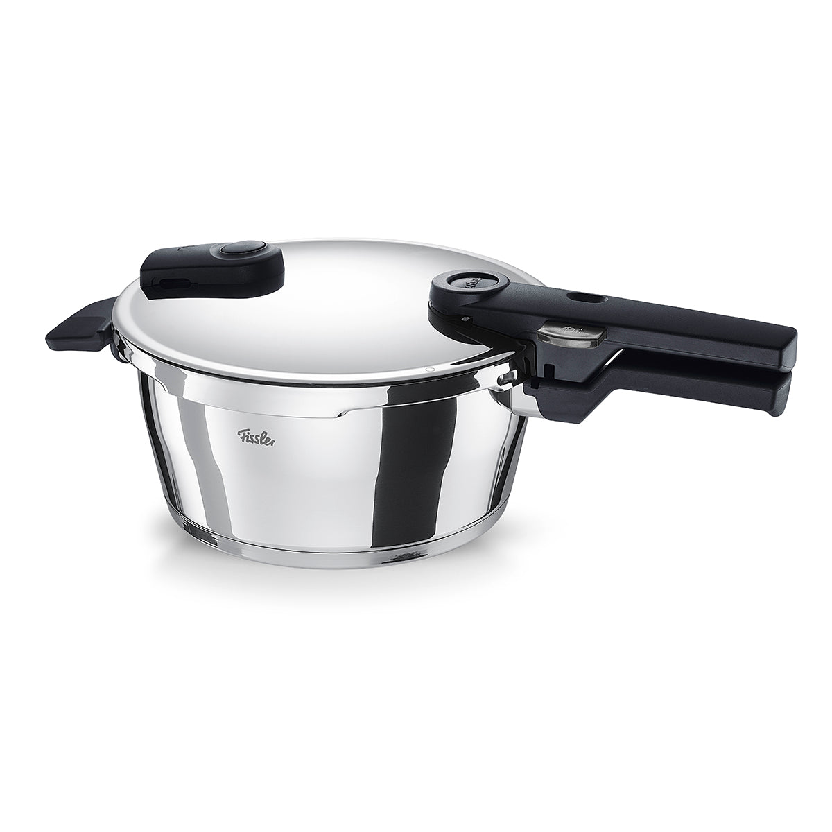 Fissler Vitaquick® stainless steel pressure cooker with black handles and safety lid, on white. Precisely made in Germany.