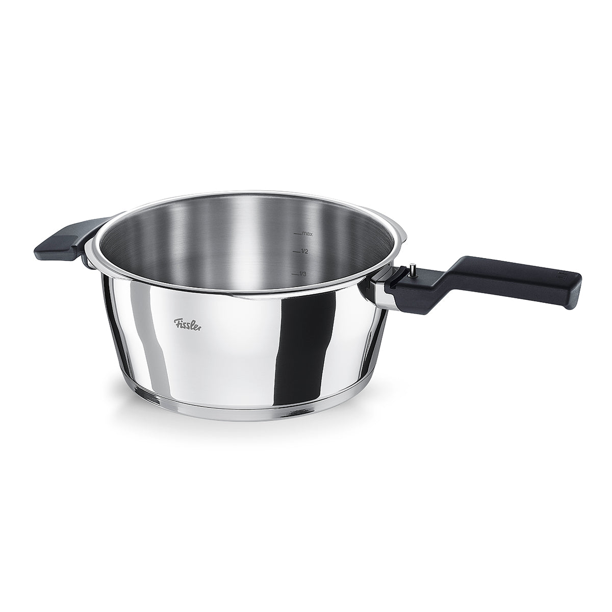 Fissler Vitaquick® Pressure Cooker: high-quality 18/10 stainless steel, modern design, black handles, internal markings. Made in Germany.