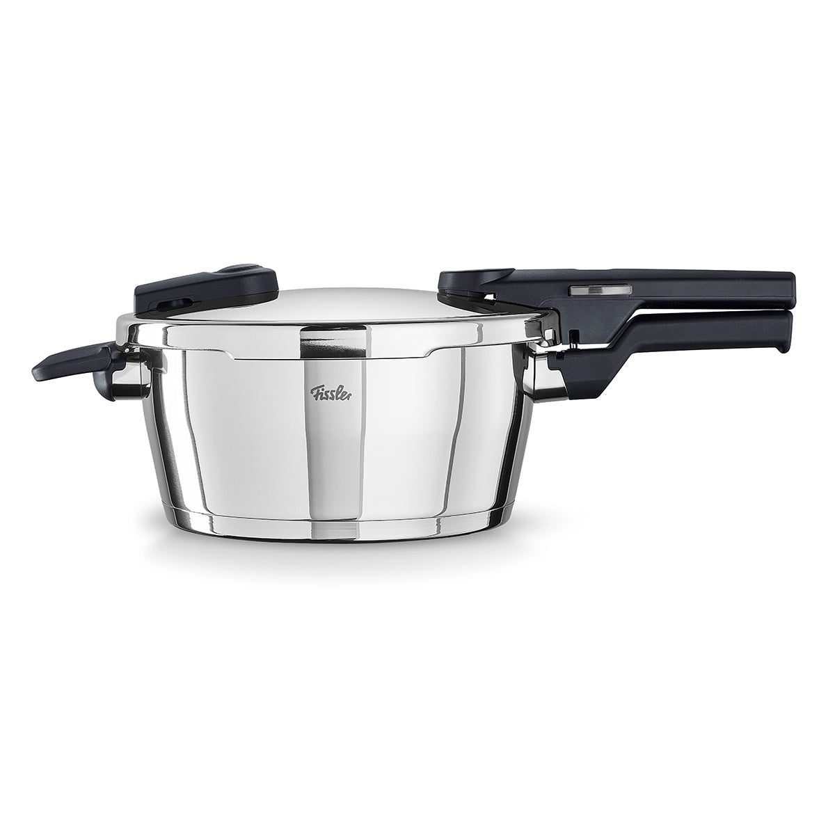 Fissler Vitaquick® Pressure Cooker - Precision-Crafted 18/10 Stainless Steel, Black Handles, Modern German Design, on White Background.