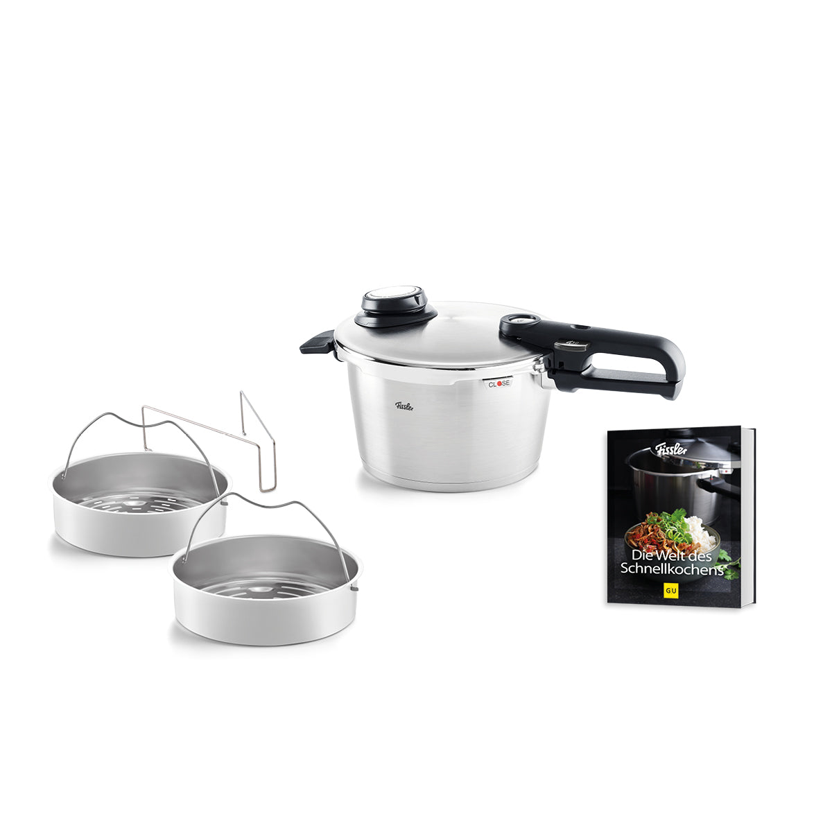 Experience the Fissler Vitavit® Premium 2-piece pressure cooker set, a hallmark of German engineering since 1845. Crafted from high-quality stainless steel with a sleek black handle, this set includes two durable metal steam baskets, a versatile support rack, and an exclusive German-language cookbook featuring Schnellkochtopf recipes—perfectly displayed on a white background. Fissler stands for precision, longevity, and timeless design in every kitchen.