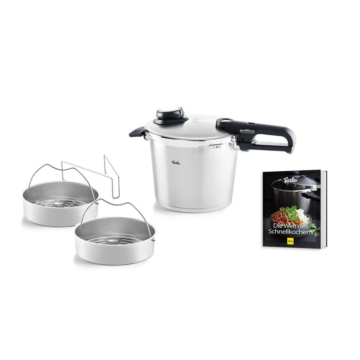 Erleben Sie Fissler-Qualität mit dem 2-teiligen Vitavit® Premium-Set mit SKT Buch: einem zeitlos gestalteten Edelstahl-Schnellkochtopf, präzise in Deutschland gefertigt, mit einem eleganten schwarzen Griff für mühelose Handhabung. Das Set umfasst zwei robuste Dämpfeinsätze aus Metall mit ergonomischen Griffen, einen benutzerfreundlichen Hebel sowie ein inspirierendes Schnellkochtopf-Kochbuch, dessen Cover ein farbenfrohes Gemüsegericht ziert. Alle Komponenten sind ansprechend vor einem reinweißen