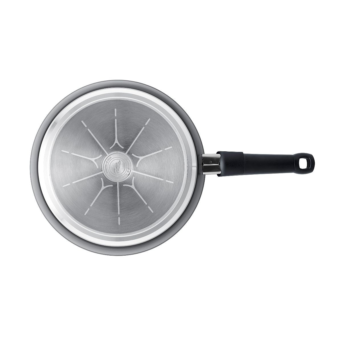 Top view of the Fissler Ceratal® Comfort Frying Pan 28cm, Orbit Black, Glass Lid, metal base, PFAS/PTFE-free non-stick.