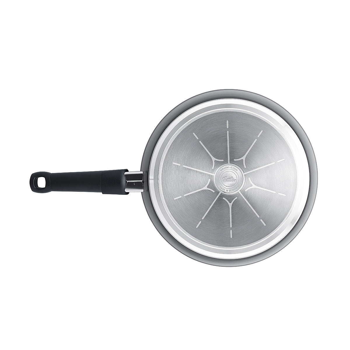 Draufsicht auf Fissler Ceratal® Classic Pfanne in Orbitschwarz, schwarzer Griff, Signaturboden, PFAS/PTFE-freie Keramik. Hergestellt in Deutschland.