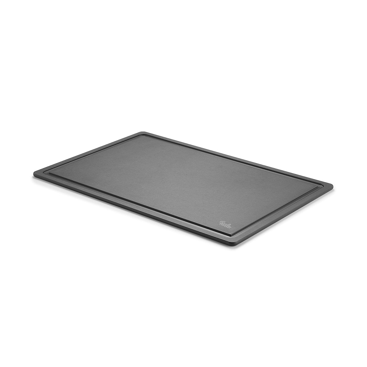Fissler Cellulose Cutting Board 44.5x29.5 cm Dark Grey, modern with juice groove, antibacterial, and logo. Angled on white.