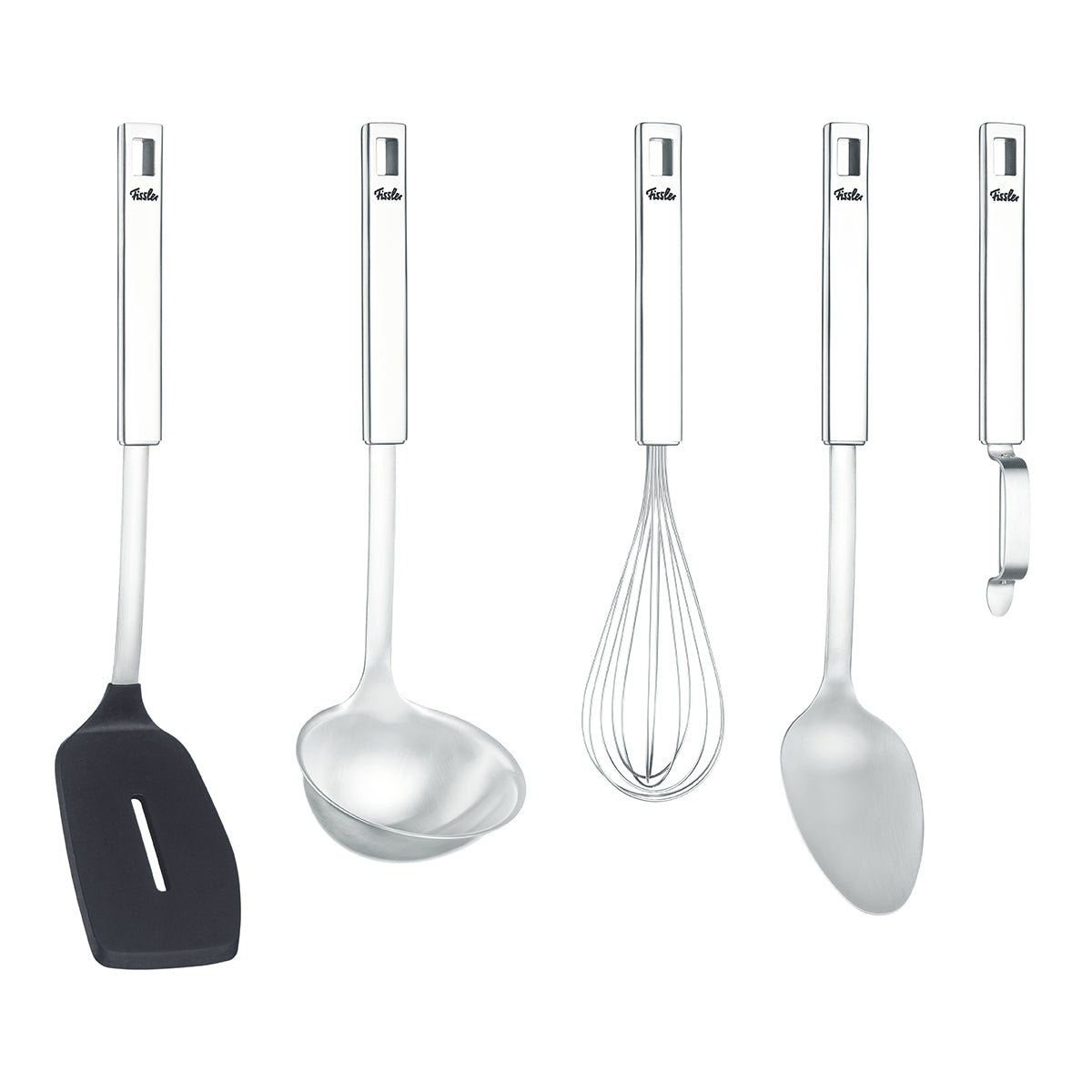 Fissler Original-Profi Collection® 5-piece Stainless Steel Utensil Set: Spatula, Ladle, Whisk, Serving Spoon, Can Opener.