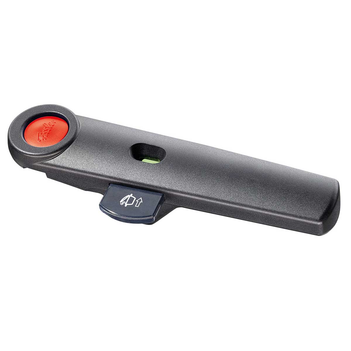 Fissler Vitaquick® Red Lid Handle: Precision-crafted black handle with red button, green indicator, and blue lever.
