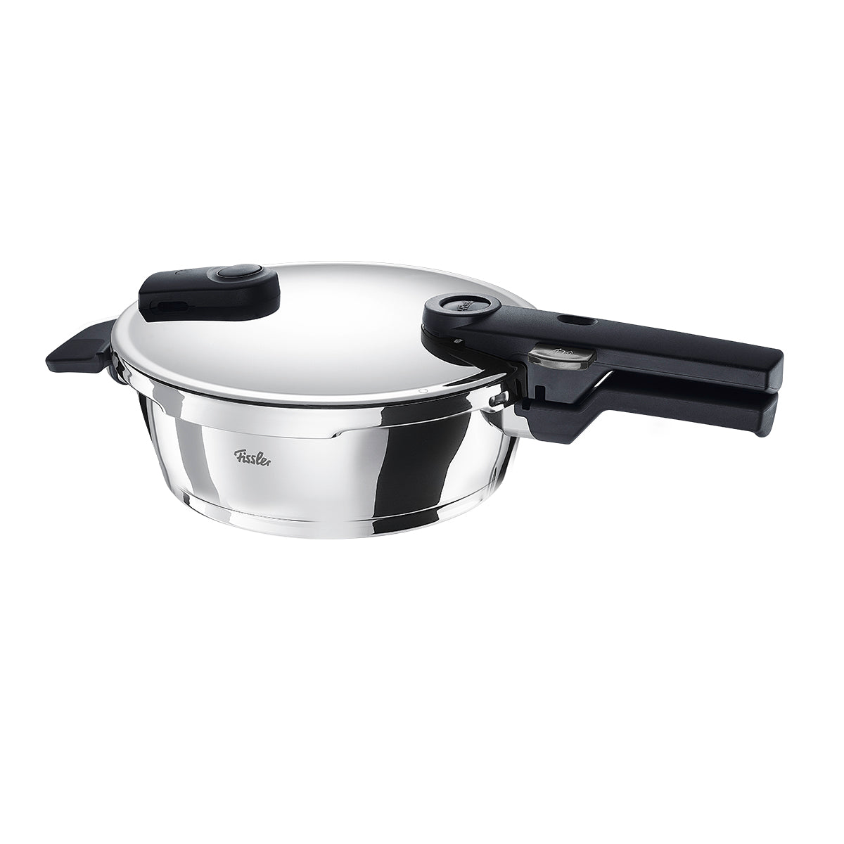 Fissler Vitaquick® pressure skillet, 22cm/2.5L, made in Germany from polished 18/10 stainless steel, featuring a black handle and lid locking mechanism.