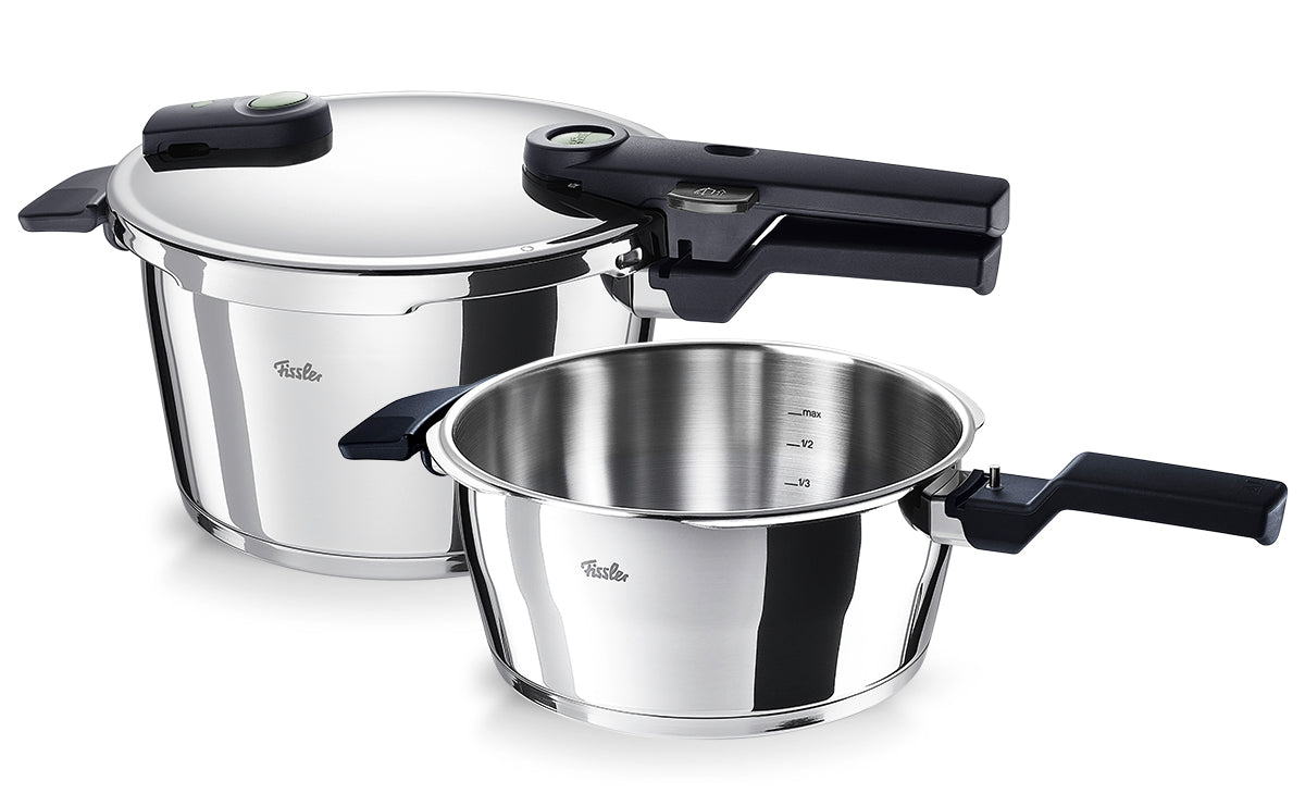 Fissler Vitaquick® Elemental Pressure Cookers (2.5L & 4.5L) with Black Handles; one with lid, one open with measurement markings.