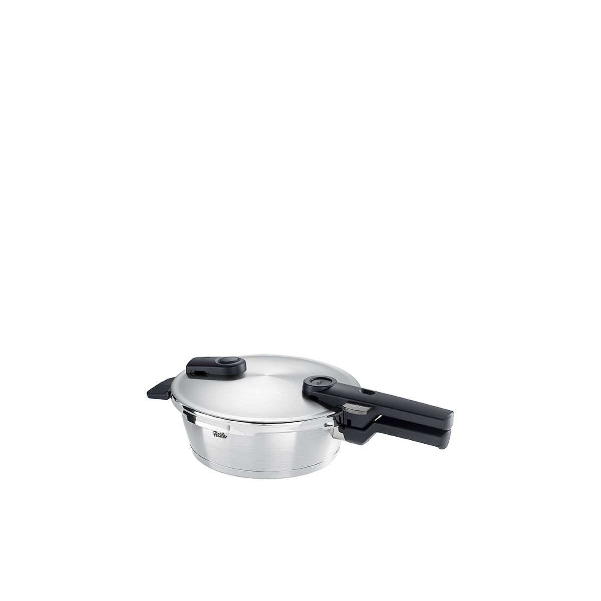Fissler Vitaquick® Premium 22cm/2.5L Pressure Frypan with safety valve and black handle on white background. Made in Germany.