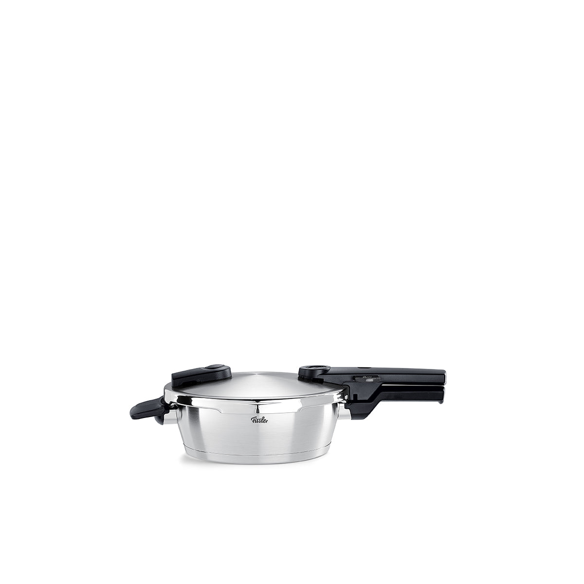 Fissler Vitaquick® Premium quick-cooking pan, 22cm/2.5L, stainless steel and black handles, Lid on, "Made in Germany".