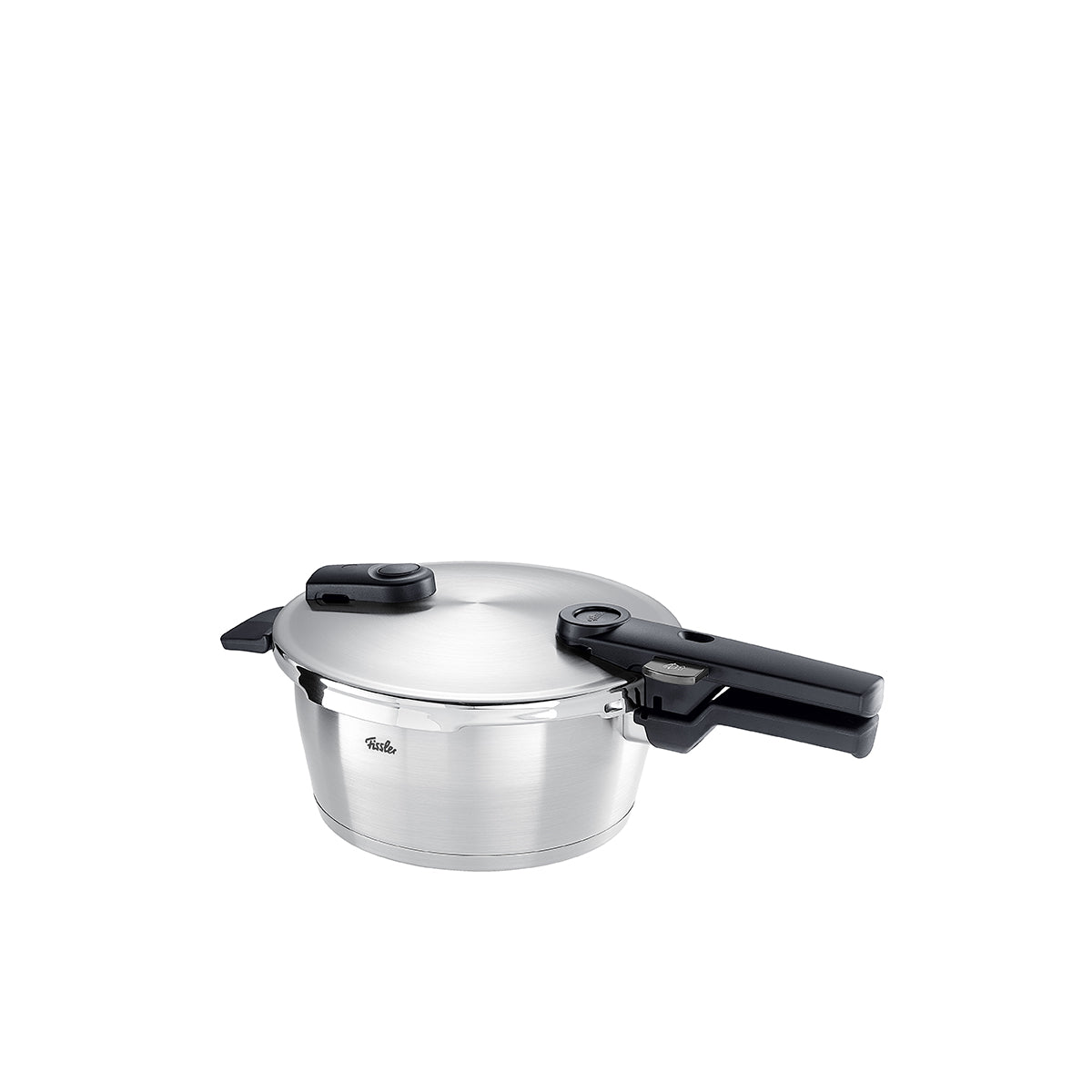 Fissler Vitaquick® Premium Pressure Cooker - precision-crafted stainless steel, modern design, black handles, on white background.