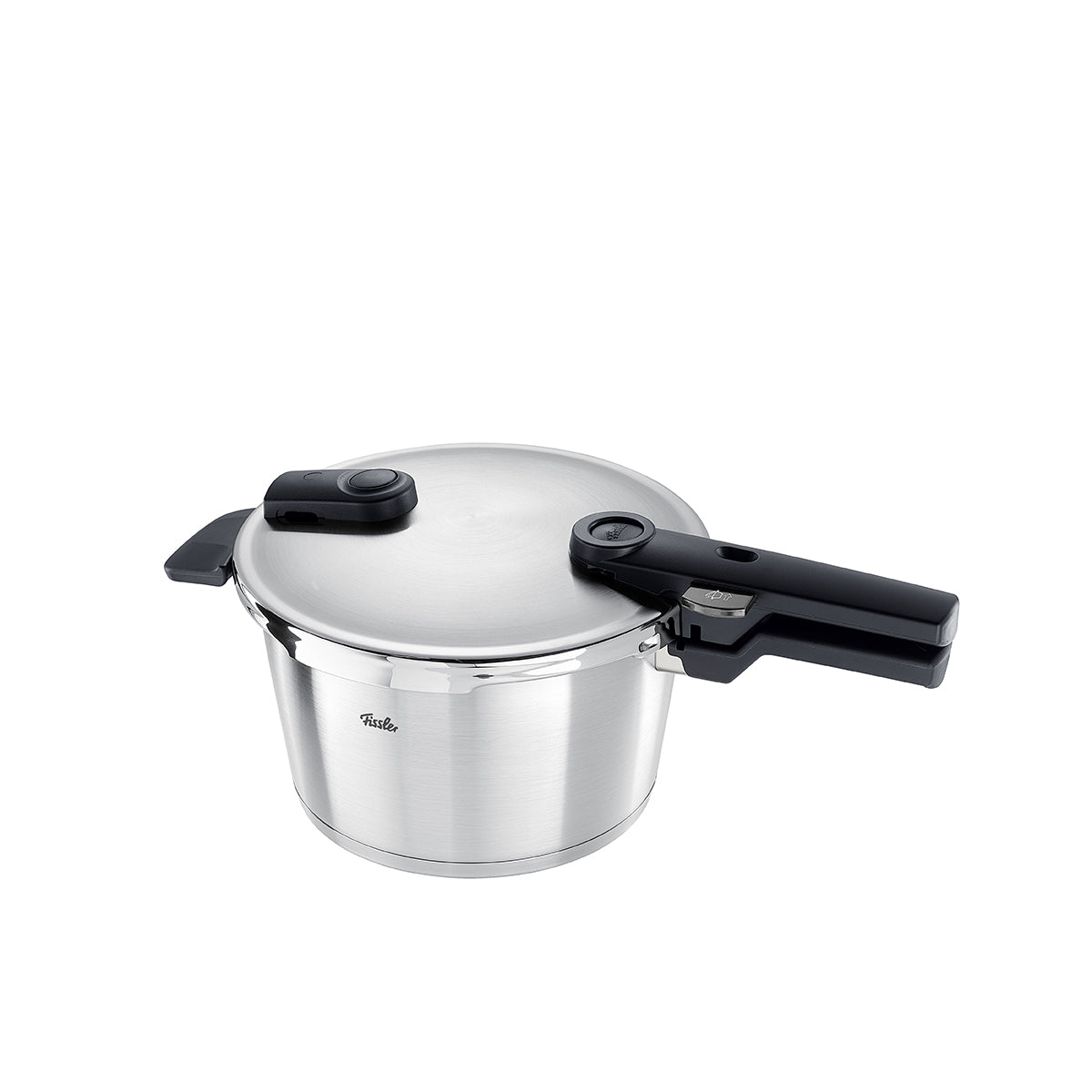 Fissler Vitaquick® Premium: Precision-engineered stainless steel pressure cooker, modern design, safe lid, Made in Germany.