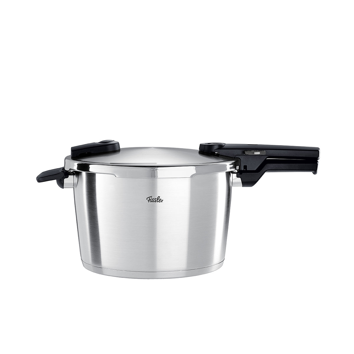 Fissler Vitaquick® Premium Pressure Cooker with Black Handles and Lid, on White. Timeless German Engineering Meets Modern Design.