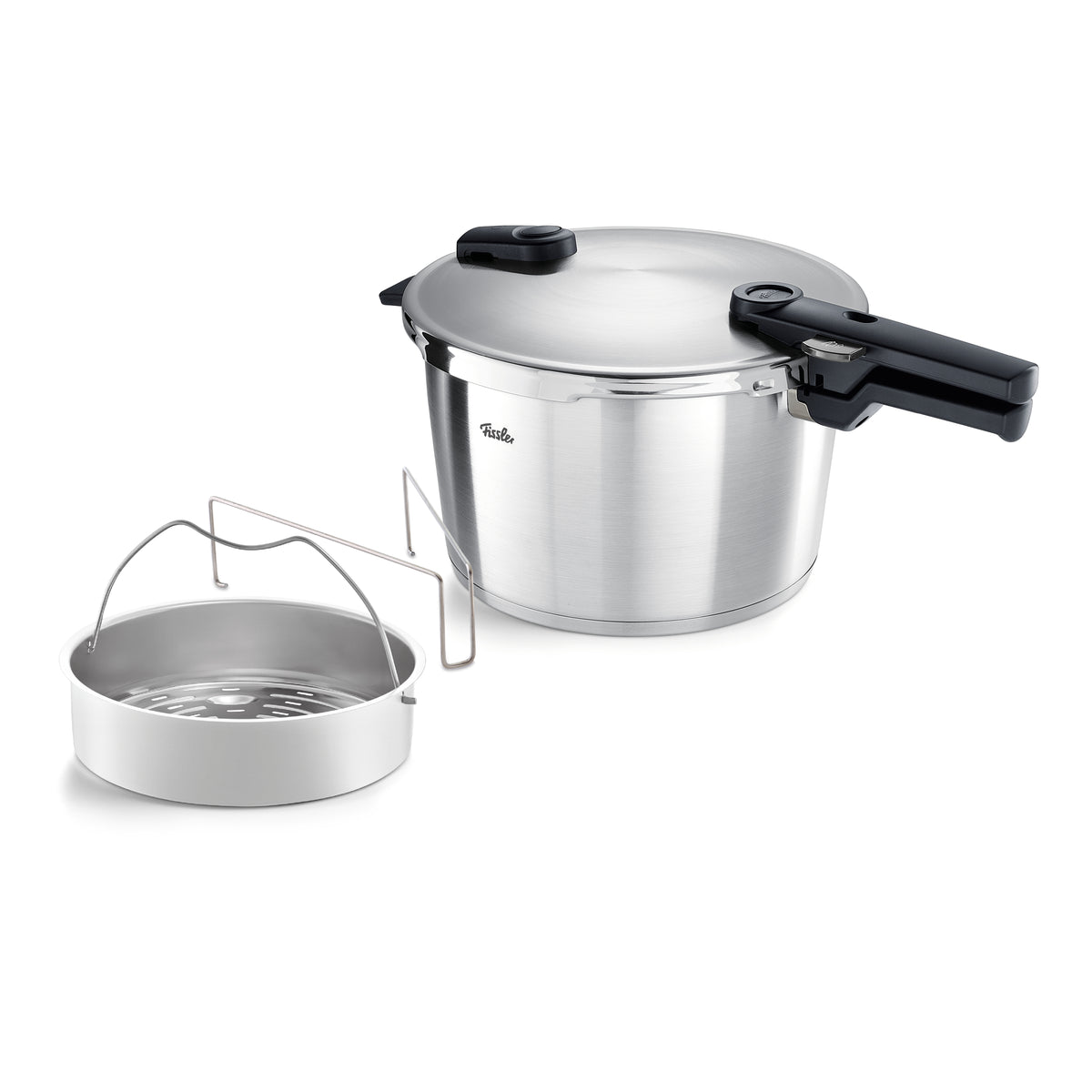Fissler Vitaquick® Premium Pressure Cooker with Black Handle, Lid, and Detachable Steamer Basket - German Quality in White.