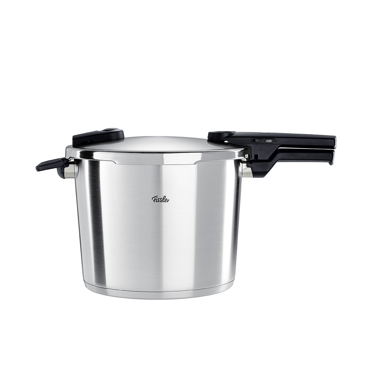 Fissler Vitaquick® Premium pressure cooker made of polished stainless steel with black handles, precision-crafted and made in Germany.