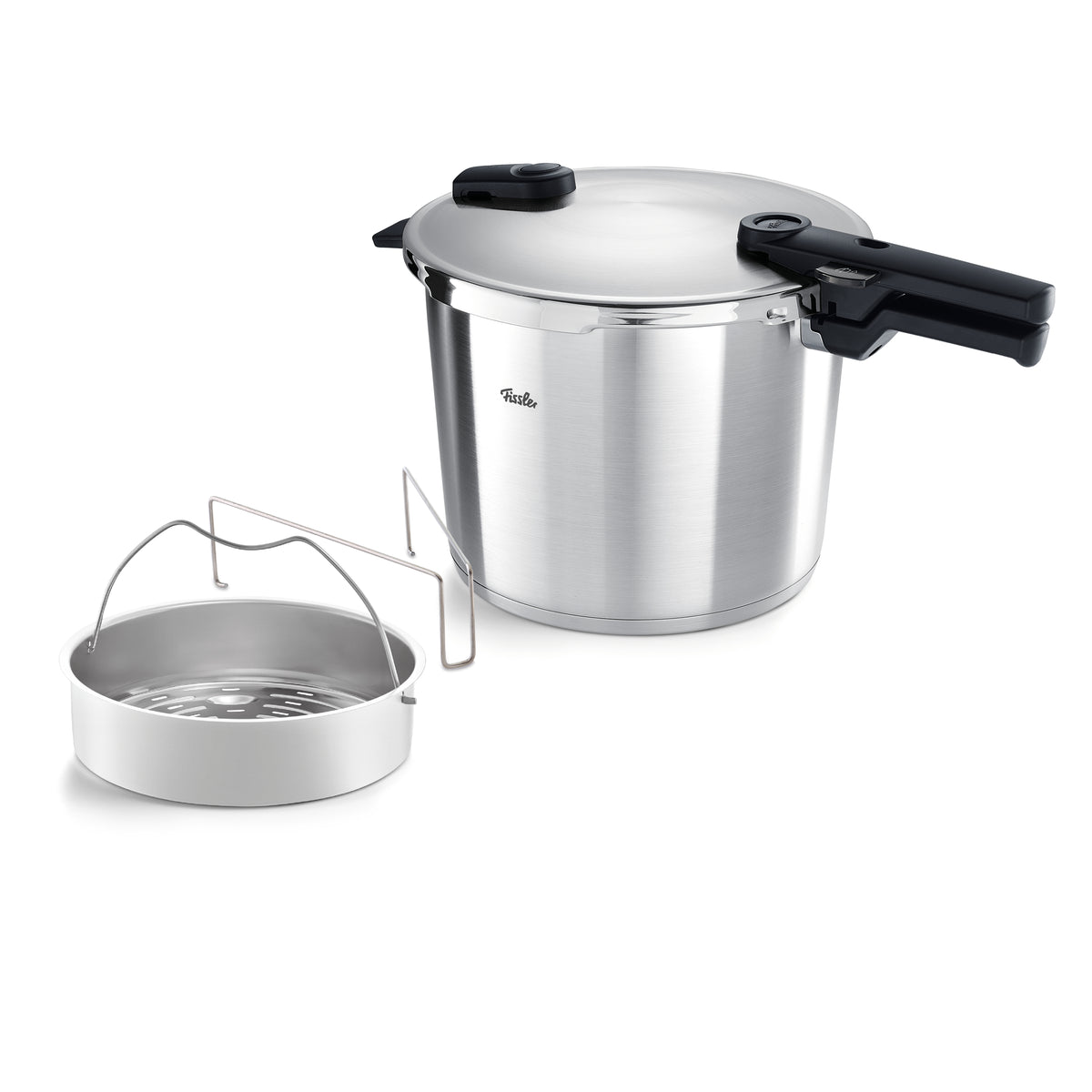 Fissler Vitaquick® Premium Schnellkochtopf mit Dämpfeinsatz und Einsatz, Edelstahl, schwarzer Griff-präzise, modernes Design.