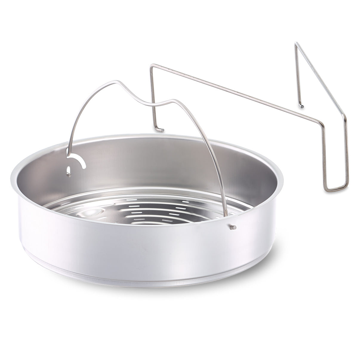 Fissler perforated stainless steel steamer basket with handle and coaster, for gentle cooking in a pressure cooker, white.