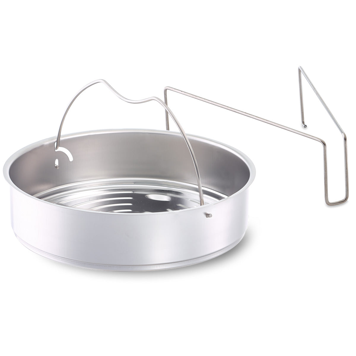 Fissler unperforated insert made of 18/10 stainless steel with tripod: round, flat base, removable handle - Made in Germany.