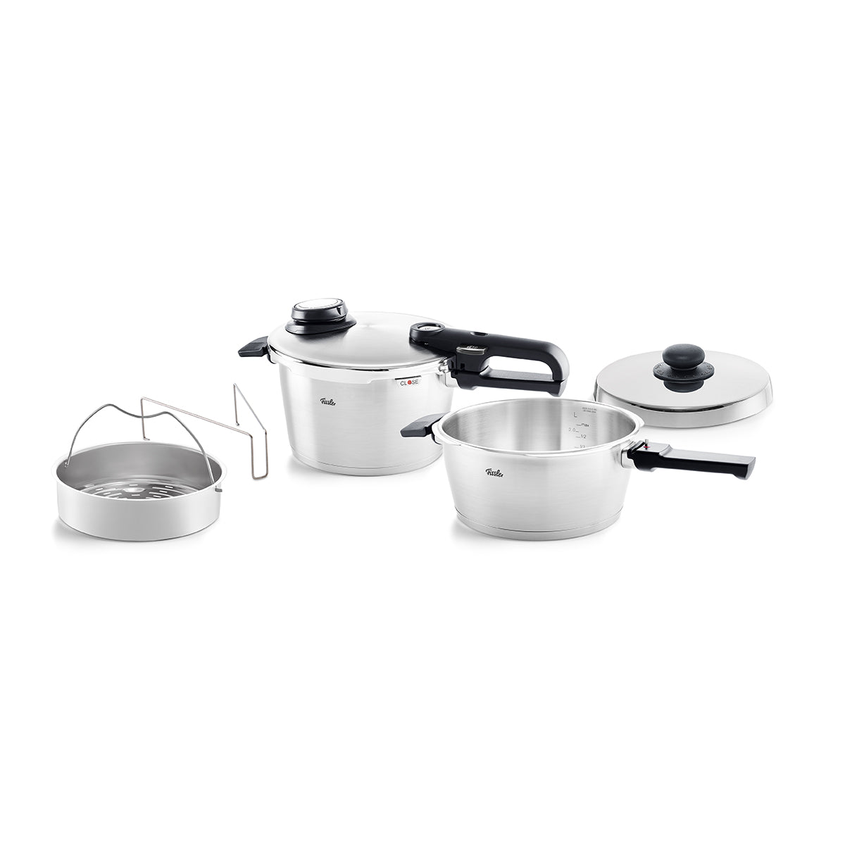 The 3-piece Fissler Vitavit® Premium Pressure Cooker Set - 3.5 & 4.5 L, metal lid, steamer - made in Germany on a white background.