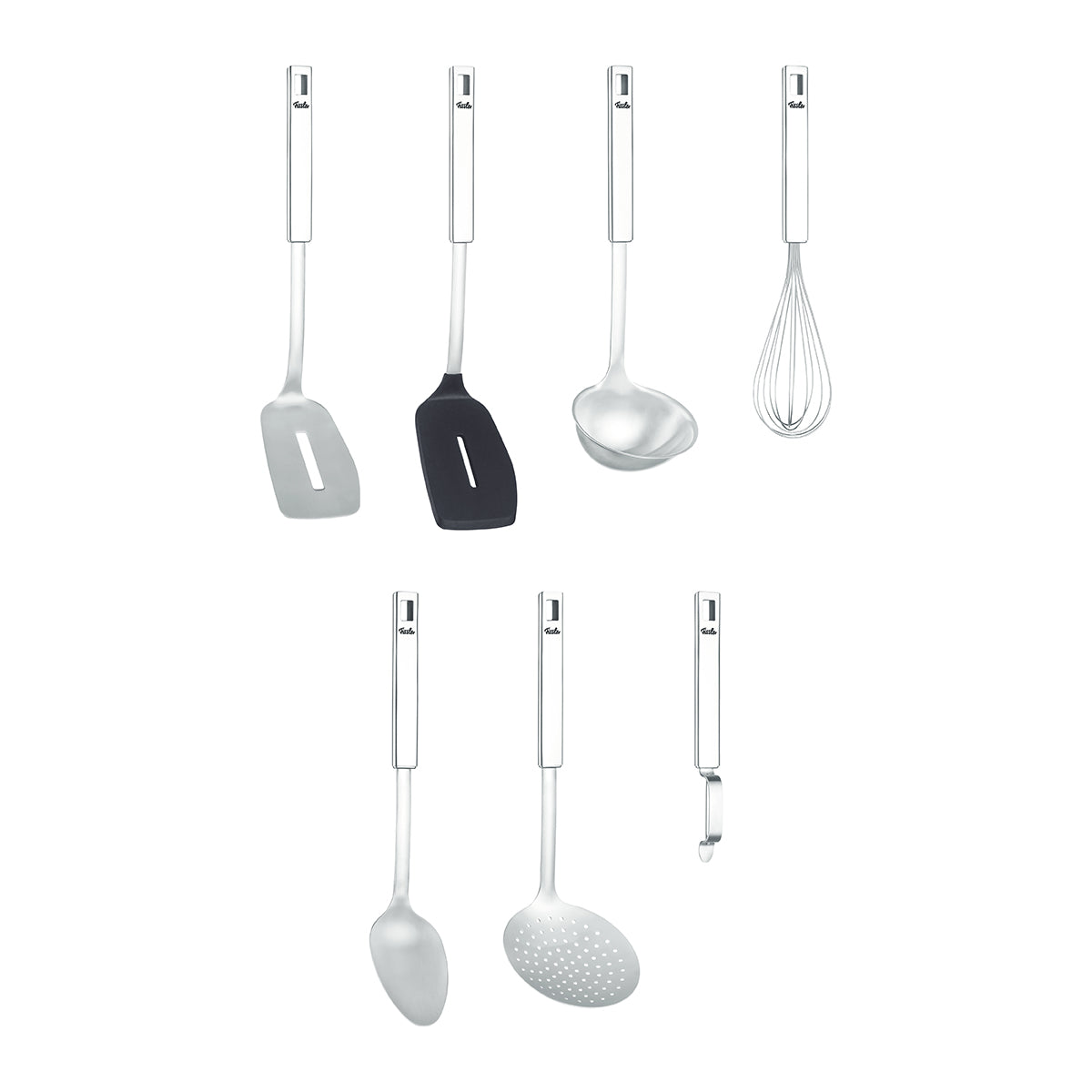 Fissler Original-Profi Collection® 7-piece stainless steel kitchen utensil set, precision-crafted in Germany, shown on white.