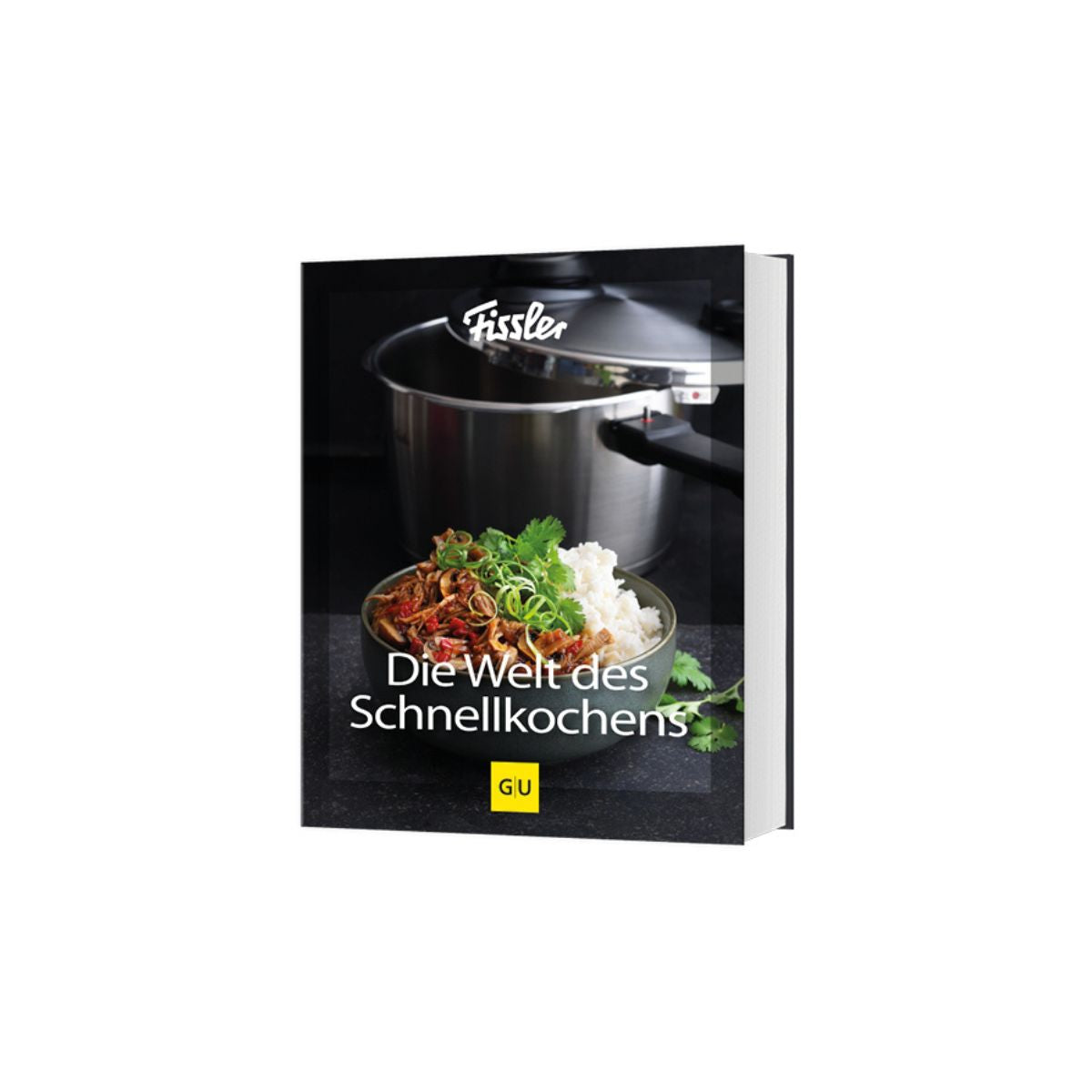Das Kochbuchcover, das im Vitaquick® Premium 2-tlg. Set mit SKT-Buch enthalten ist, zeigt den Fissler Vitaquick-Schnellkochtopf – gefertigt aus hochwertigem Edelstahl und geprägt von deutscher Präzision und zeitlosem Design – neben einer Schüssel mit frisch zubereitetem, mit Kräutern garniertem Essen. Oben unterstreicht das bekannte Fissler-Logo unsere Tradition der Innovation und Langlebigkeit seit 1845, während unten das gelbe GU-Logo zu sehen ist.