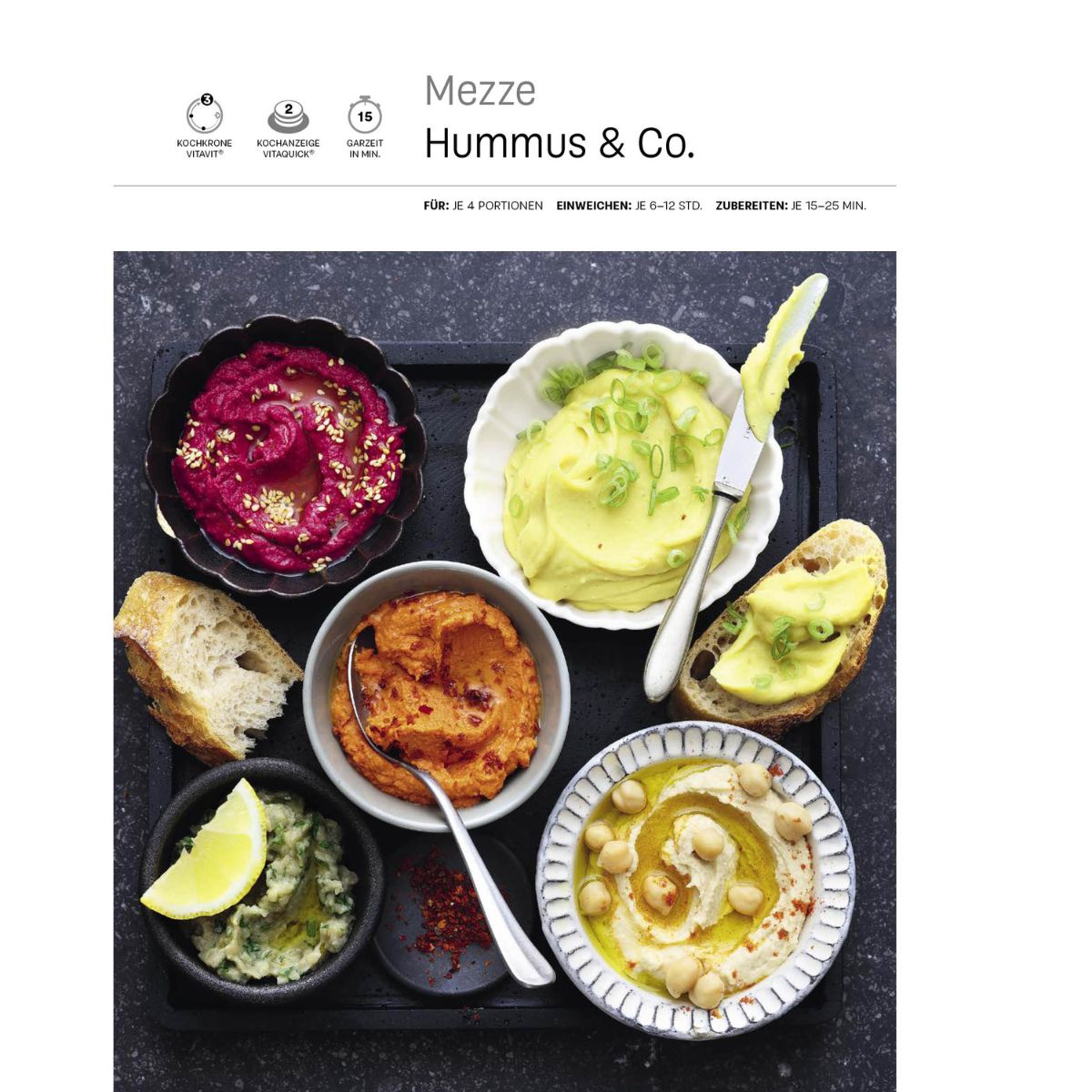 Experience fast, energy-efficient mezze dips with Fissler pots: beetroot, avocado, pepper and herb dip, hummus.