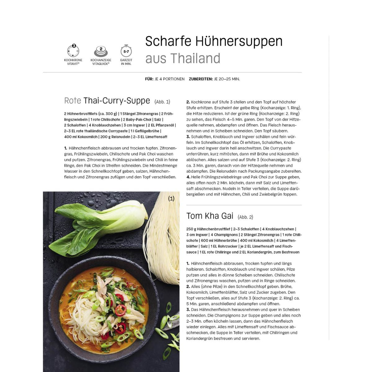 Two authentic Thai chicken soups from the Fissler pressure cooker, modernly served in a black bowl.