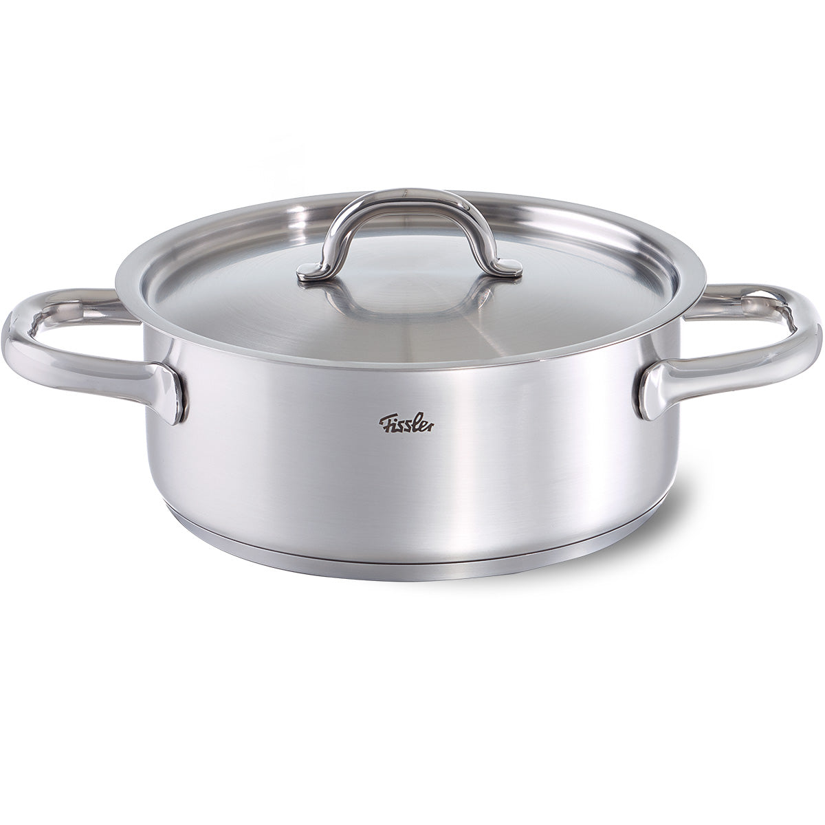 Fissler Family Line Casserole Pot in 18/10 stainless steel with Lid, large handles and logo, high-quality, suitable for induction, Made in Germany.