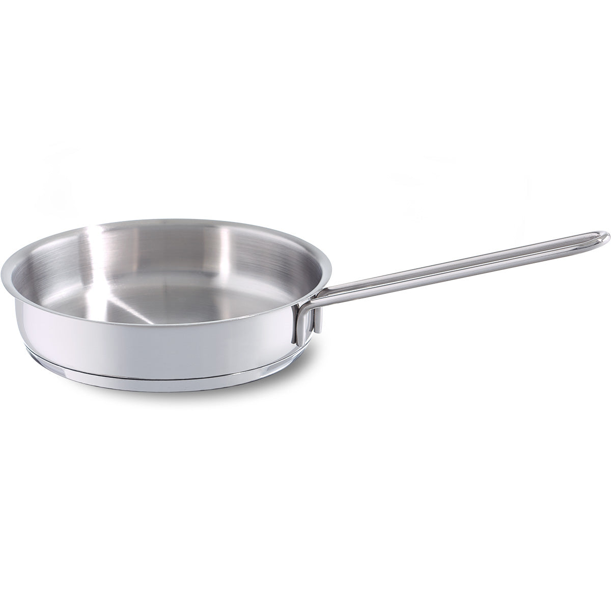 Fissler snack set Frying Pan 16 cm, high-quality stainless steel frying pan with long handle, shown on a white background. Made in Germany.