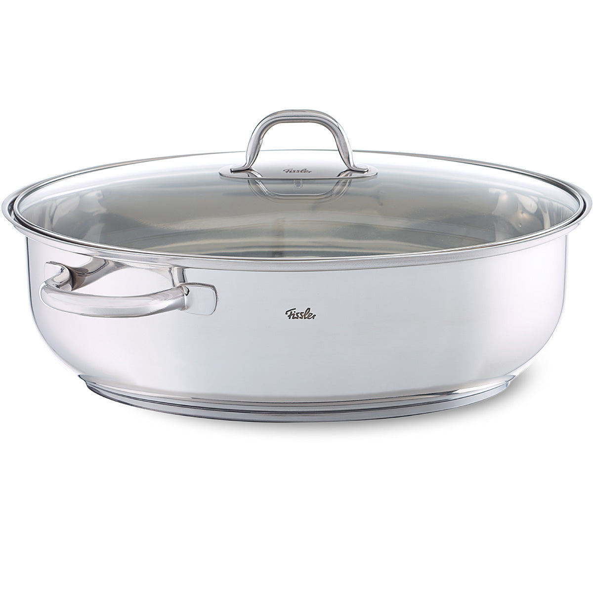 Fissler Stainless Steel Roaster Induction: high-quality German stainless steel roaster with glass lid and handles, suitable for oven and induction.