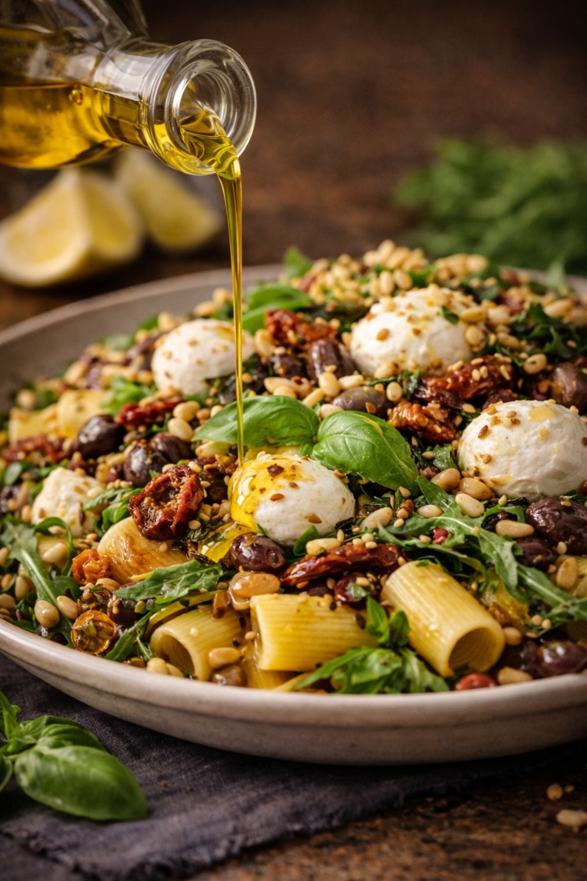 Nudelsalat mit Rigatoni, frischen Zutaten und Olivenöl, serviert in elegantem Fissler-Kochgeschirr. Zitronen und Kräuter verschwimmen dahinter.