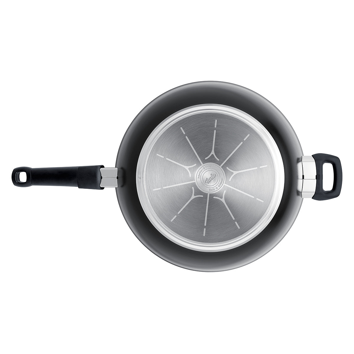Top view of the Fissler Ceratal® Wok in Orbit Black, ceramic non-stick coating, induction base, double handles. Precision manufactured in Germany.