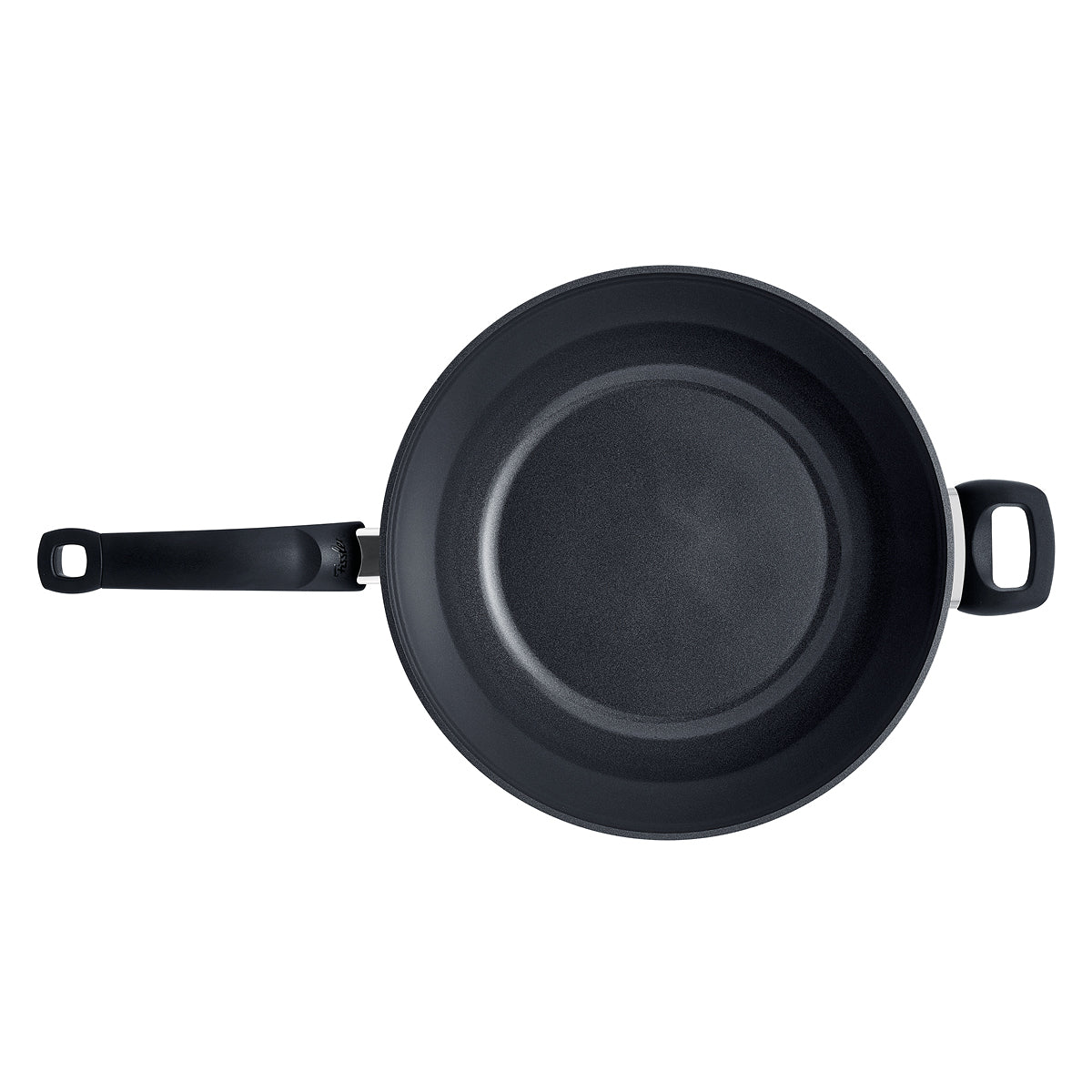 Fissler Ceratal® Wok Orbit Black, in simple black, top view; long ergonomic handle on the left, loop handle on the right on a white background.