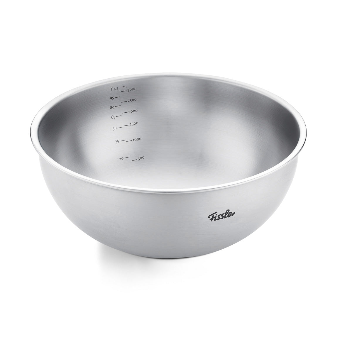 Fissler Essential® Bowl 24cm, Stainless Steel, with interior measuring marks, logo on the outside. Stackable - Quality and innovation since 1845.