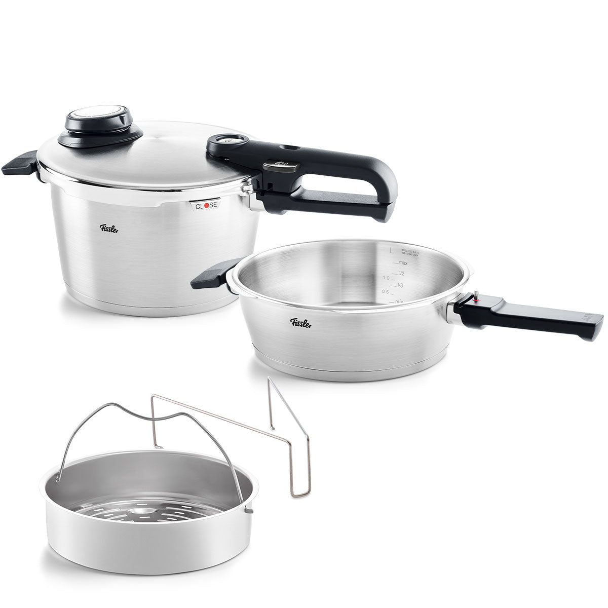 Fissler Vitavit® Premium Set: 2.5-litre Pressure Cooker, 4.5-litre Cooking Pot, stainless steel, black Lid, with steam and release valve on a white background.