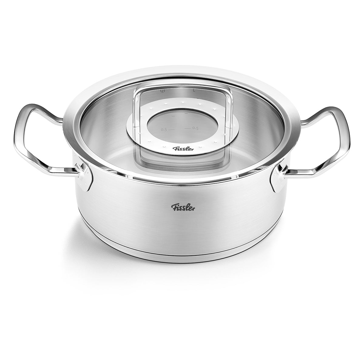 Original-Profi Collection® Casserole Pot made of 18/10 Stainless Steel, two handles, Glass Lid with metal knob, for induction. Fissler logo on front.
